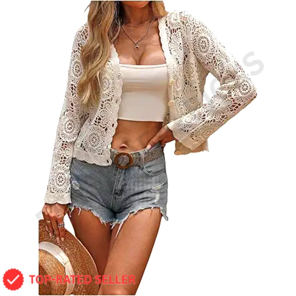 Crochet Lightweight Cardigan Boho Button Up Long Sleeve Sweater Teacher Chic
